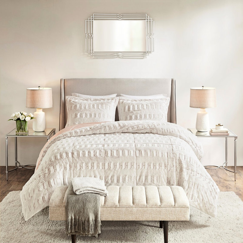 Couette blanche en fausse fourrure de vison pour lit simple/twin XL - Luxe avec rembourrage et revers doux en fourrure longue - Bordure de 5 cm