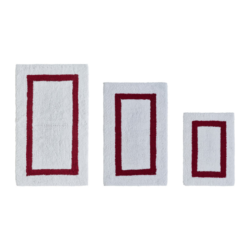 Ensemble de tapis de salle de bain réversible 100% coton ultra doux 3 pièces Atle, Blanc/rouge