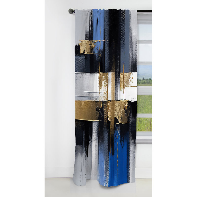 Abstract Curtain Panel, Gold Blue Paint Collage Blackout Decor - Gold And Blue Paint Elegance III, 52" W x 90" L