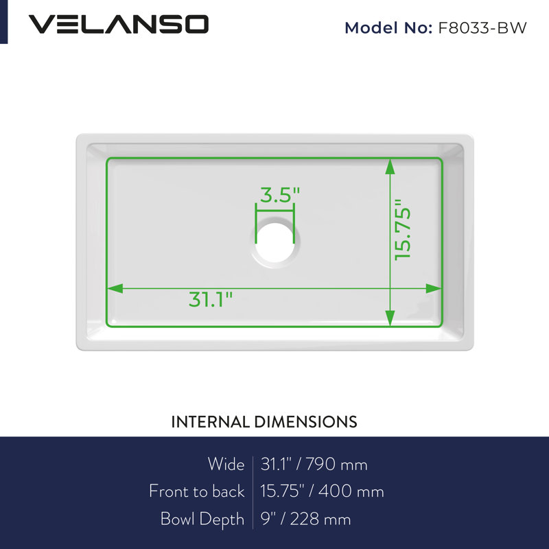 Évier de cuisine simple 33 po x 18 po x 10 po VELANSO Velaro Farmhouse, Blanc
