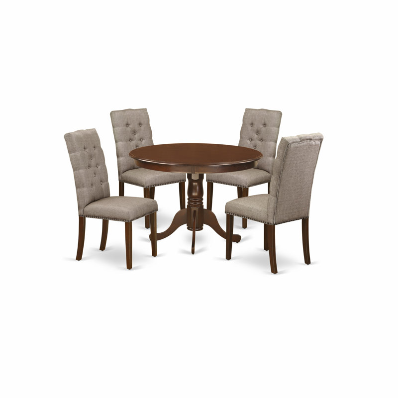 5 Piece Kitchen Table Set for 4 Includes a Round Dining Table with Pedestal and 4 Dark Khaki Linen Fabric Parson Dining Chairs, 42x42 Inch, Mahogany