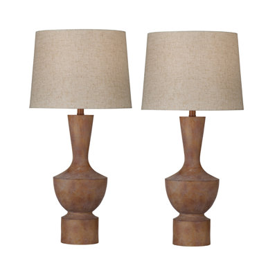 Rustic Brown Sculptural Table Lamp Set of 2 with Linen Drum Shades, 31" Tall