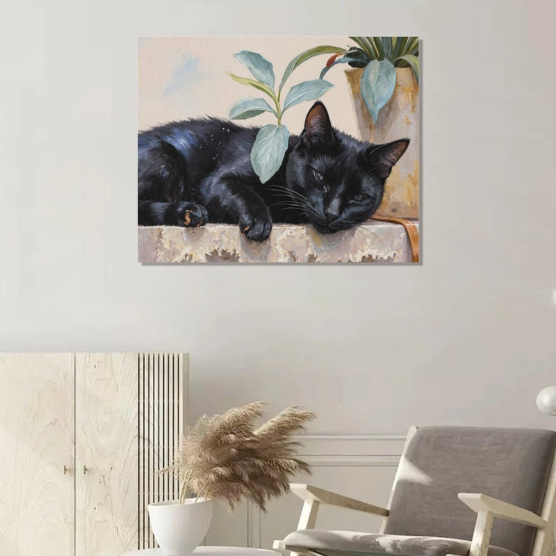 Chat noir endormi, cadre en bois intégré, l 16 x L 20