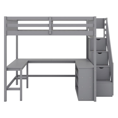 Lit mezzanine avec bureau intégré en forme de L et tablettes de rangement à trois niveaux, et escalier de rangement attaché