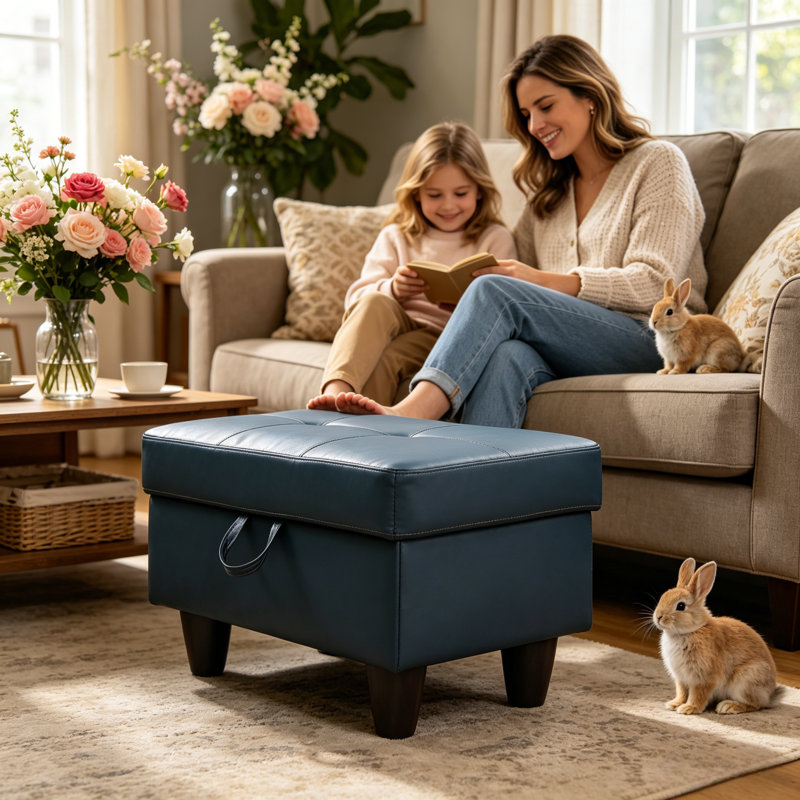 Repose-pieds de 28,5 po de large en similicuir bleu denim, tabouret à usages multiples pour le salon, la chambre à coucher et le vestibule