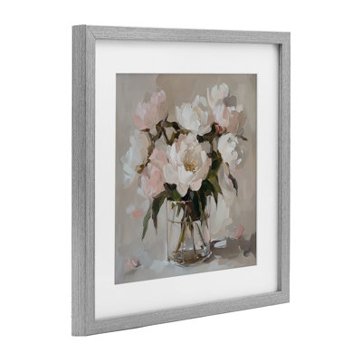 Pivoines roses dans un vase transparent, reproduction sous verre, design par Gina Kelly