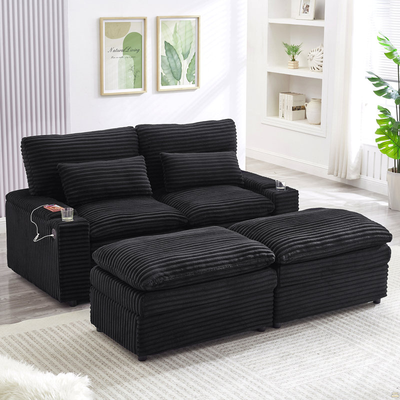 Loveseat Sofa 70.9" Free-Combined Sectional Convertible Sofa Bed With Storage Space, Two Movable Ottomans, Four USB Ports And Two Cup Holders