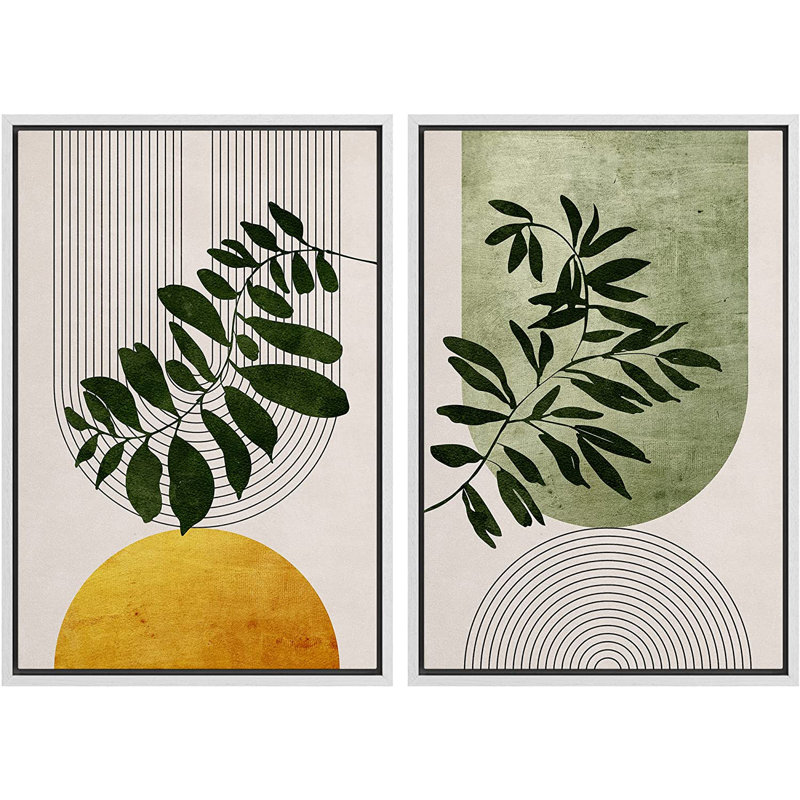 White Framed Geometric Green and Yellow Abstract Canvas Art Set