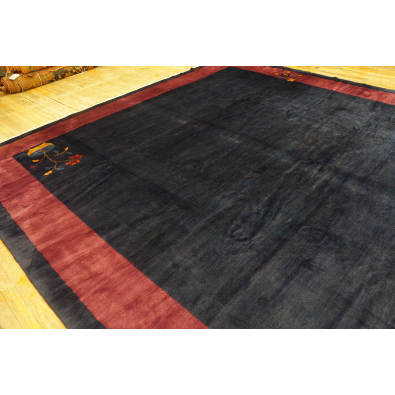 Minimalist Solid Blue Color Open Field Antique Chinese Art Deco Room Size Rug