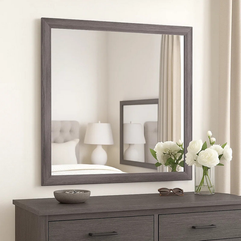 Miroir de commode, bois massif gris métallisé, cadre large 35 x 39