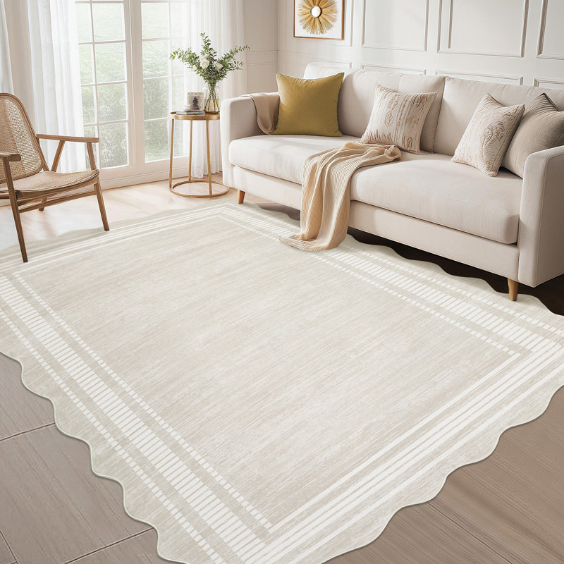5 x 7 ft Polyester Beige Rectangular Machine Washable Geometric Bordered Living Room Bedroom Dining Room Machine Washable Area Rug
