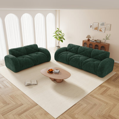 Ensemble de salon 2 pièces à motif nuage sculptural, canapé d'angle en velours à assise profonde et arrondie, 3+2 places, vert forêt