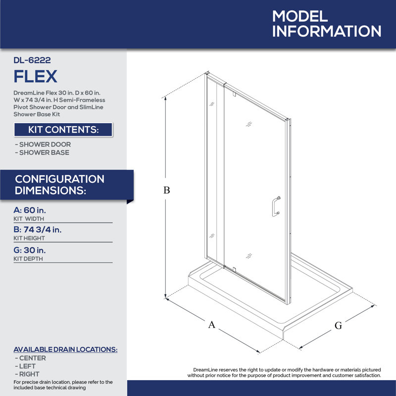 Flex 60" W x 30" D x 74.75" H Semi-Frameless Rectangle Pivot Shower Enclosure with Base Included, Chrome/Biscuit, Center