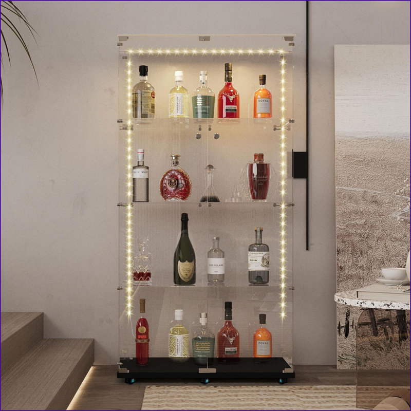 Display Cabinet with Tempered Glass, 65"H Size, Bluetooth LED &amp; Locking Swivel Casters | Minimalist | Living Room, Black