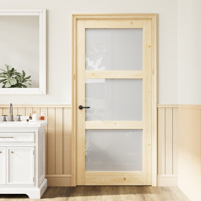 Porte intérieure en bois de pin et verre givré 3-Lite 32 po x 80 po, bois de pin noueux naturel prêt à teindre, panneau de porte sans trou ou charnières Porte de garde-manger, porte de buanderie, porte de chambre à coucher