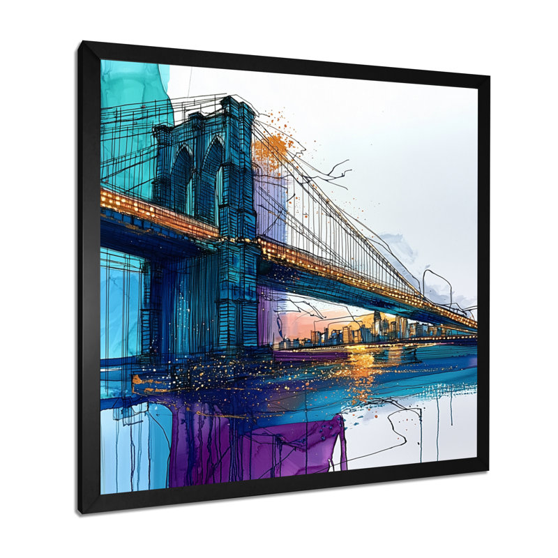«Ladarren Abstract Brookyln Bridge In Aqua Reflection», art mural de New York, H 30 po x l 30 po, Picture Framed