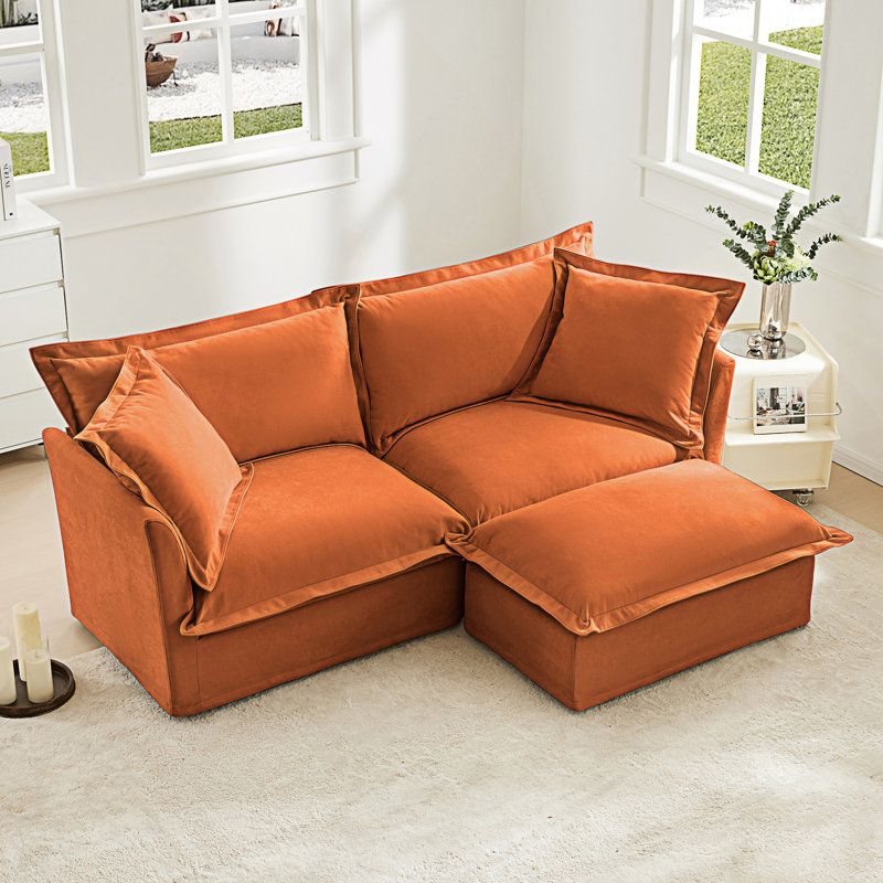 Canapé modulaire 2 places à housse avec repose-pieds convertible, Chenille orange