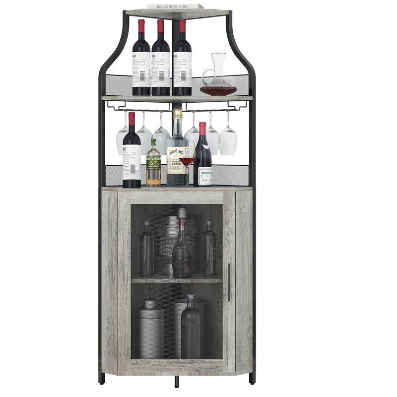 Armoire d'angle avec porte-bouteilles amovible et porte-verres, Gris