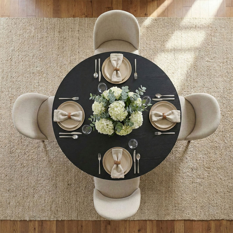 5-Piece Modern Black Round Dining Set, Beige
