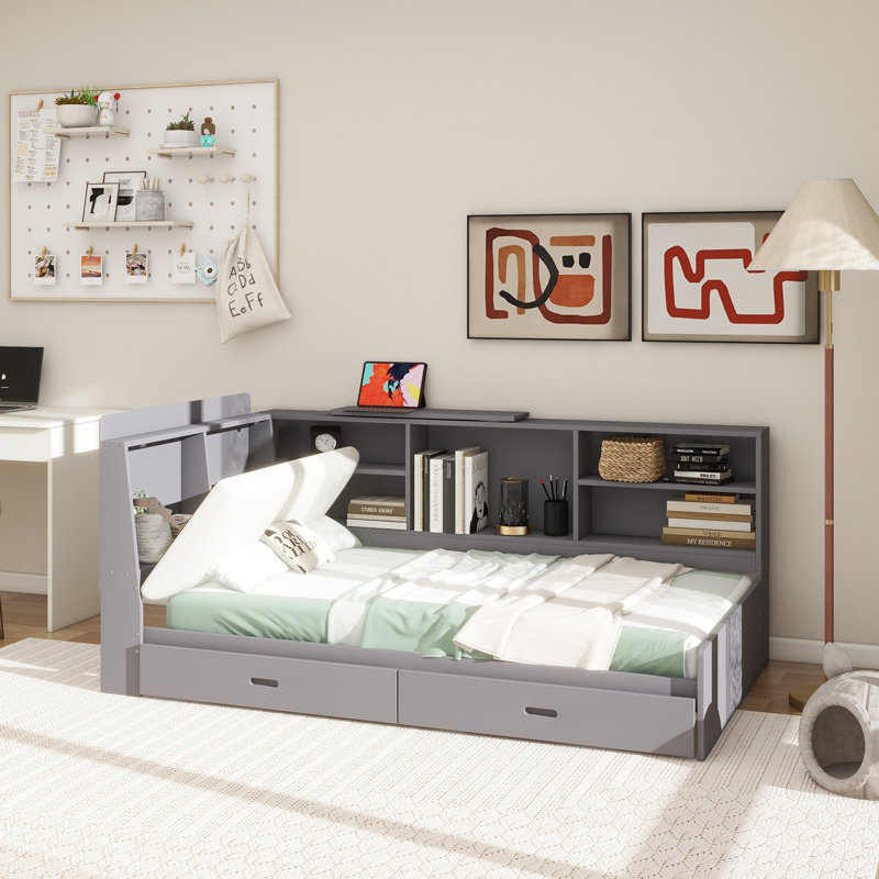 Lit plateforme en bois avec tête de lit, tablettes et 2 tiroirs, Gris, Lit simple