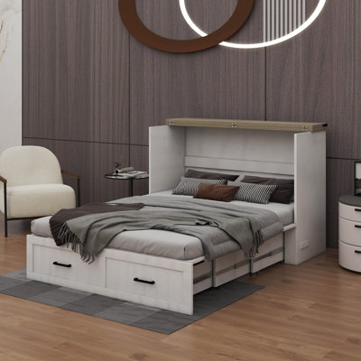 Grand lit escamotable de style ferme avec abri de charge, lit plateforme pliable avec tiroir de rangement spacieux pour chambre d'amis