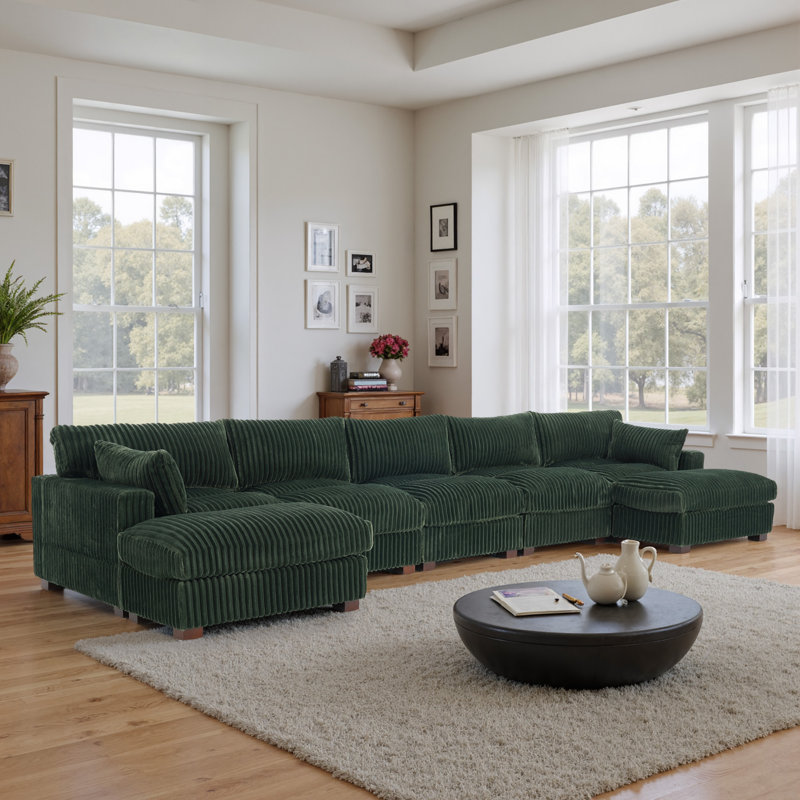 7 - Piece Upholstered Green Faux Rabbit Fur Flannel Reversible Modular Sofa Living Room Sectional Couch with Ottoman
