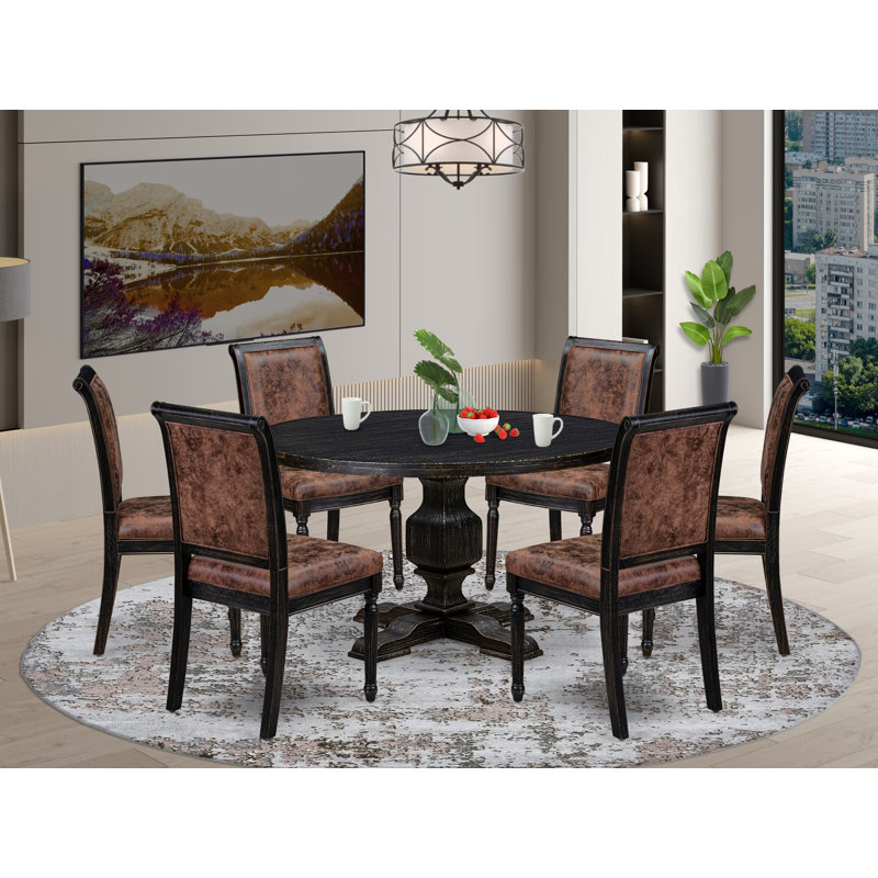 Cet ensemble de salle à manger 7 pièces comprend une table de cuisine ronde et moderne et 6 chaises en polyester texturé brun à haut dossier avec une finition noire sablée.