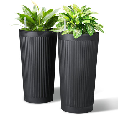 Tall Planter – 2-Pack Large Round Striped Plastic Floor Plant Pots, Thickened Durable Design, 24"H, Modern Decorative Planters for Indoor & Outdoor