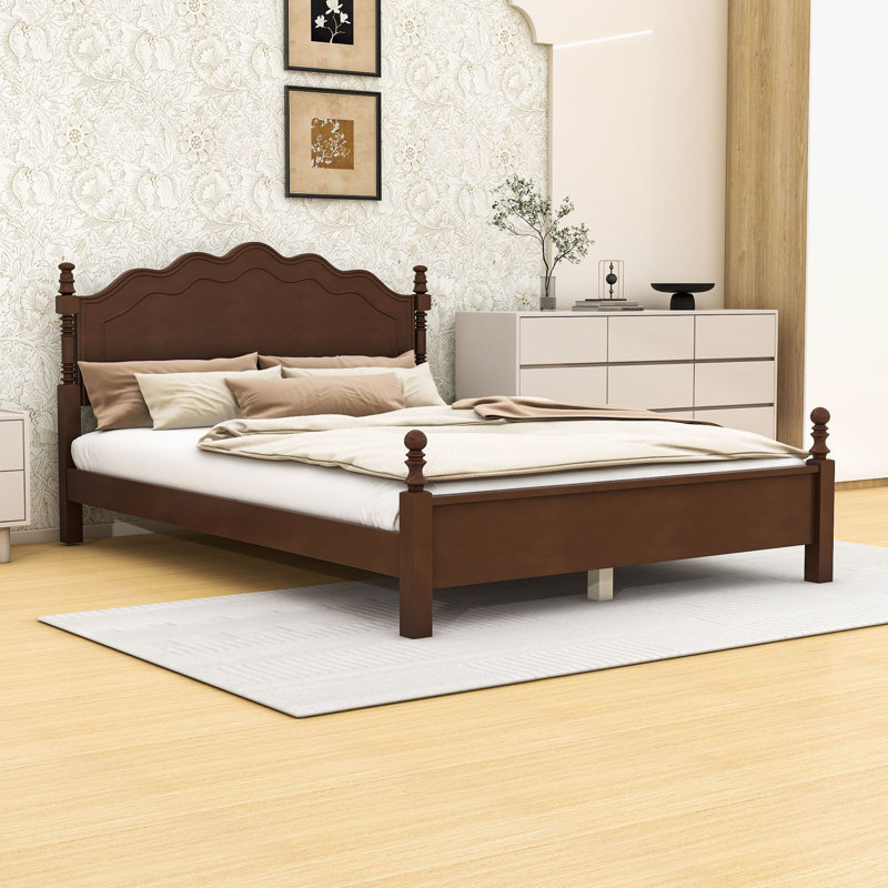 Base de lit plateforme avec tête de lit grand et courbé avec lattes en bois renforcé et pieds de soutien centraux, Queen