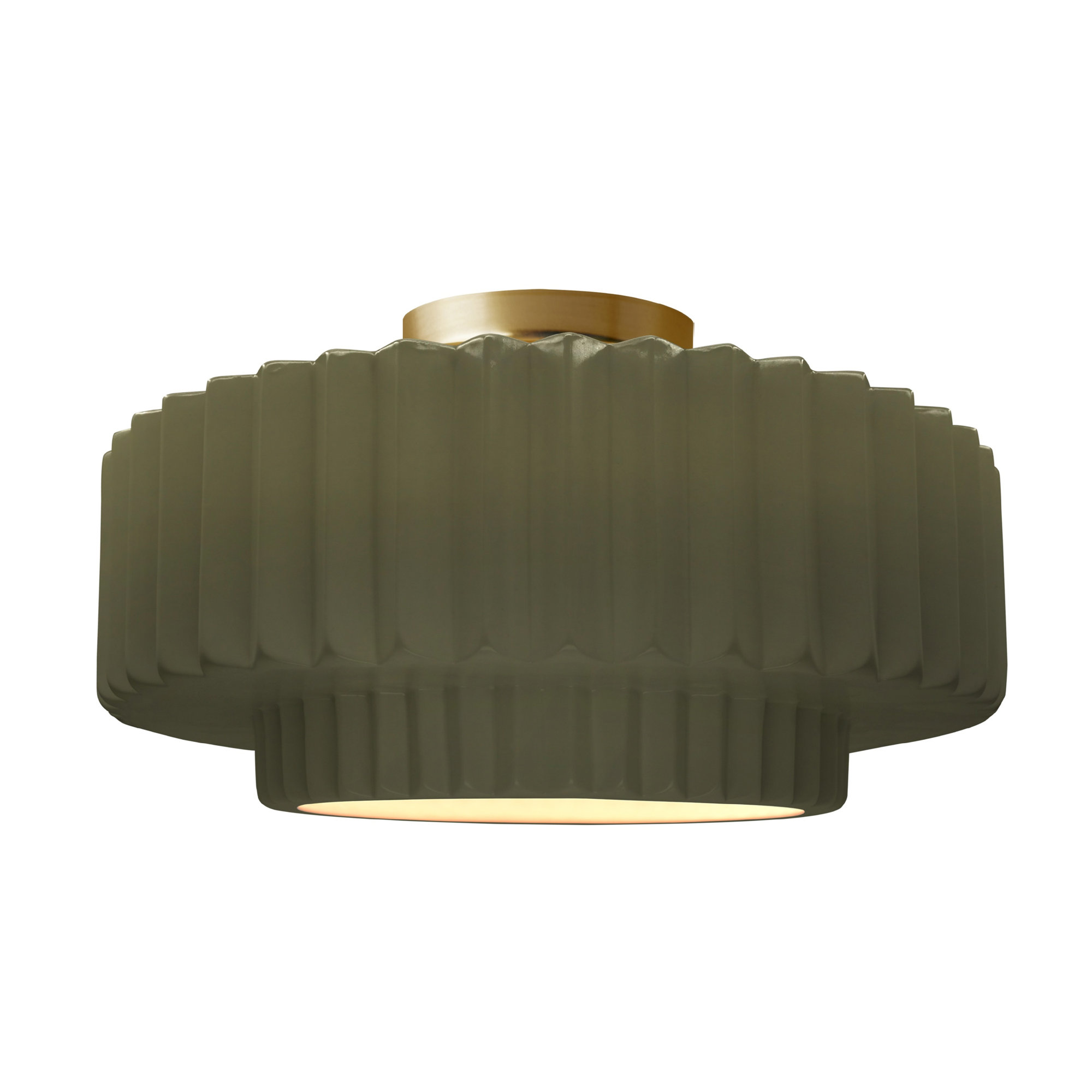 Single Light Ceramic LED Semi Flush Mount, Matte Green, Brushed Brass, 8" H x 16.5" W x 16.5" D