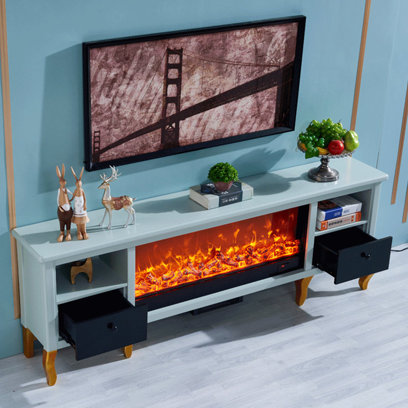 Foyer bleu en bois massif avec meuble télé