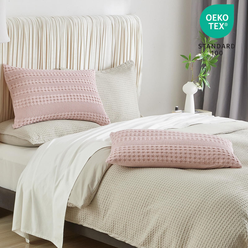 PHF 100% Cotton Ruffle Waffle Pillow Shams, 2 Pack Soft Skin-Friendly Bed Pillow Covers for Aesthetic Home Decor, Pink