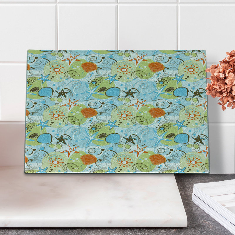 Ambesonne Sea Shells Tempered Glass Cutting Board Retro Beach Pattern Multicolor