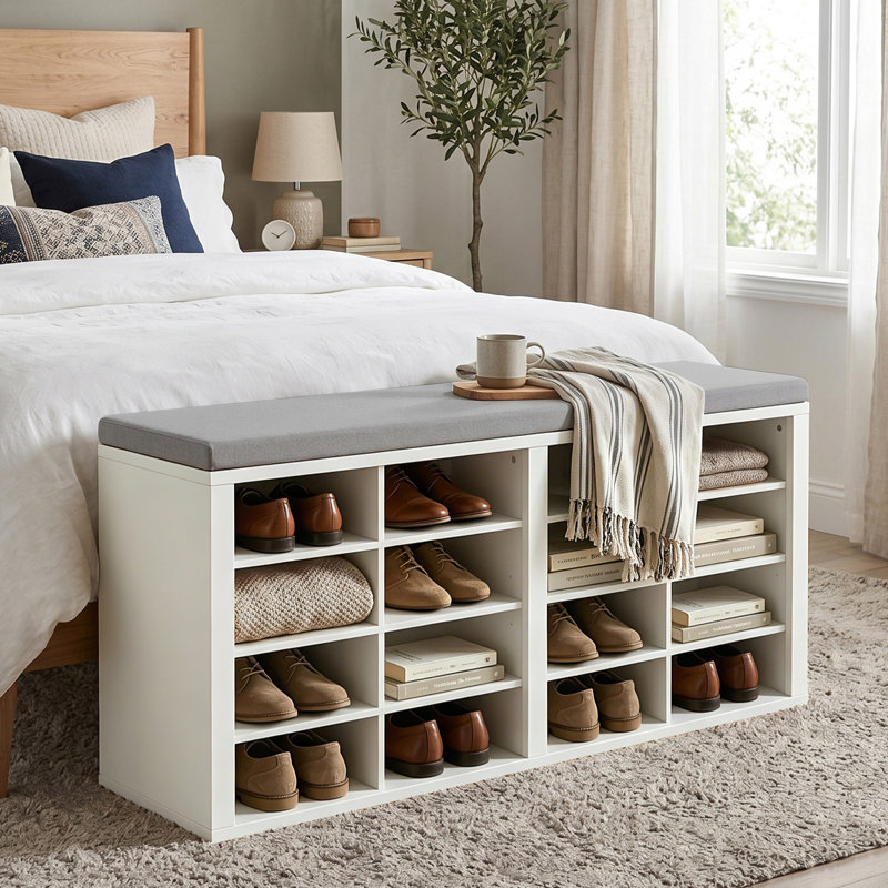 Banc de rangement pour chaussures avec coussin 16 casiers de rangement multifonctionnels pour vestibule, couloir, salon, chambre à coucher