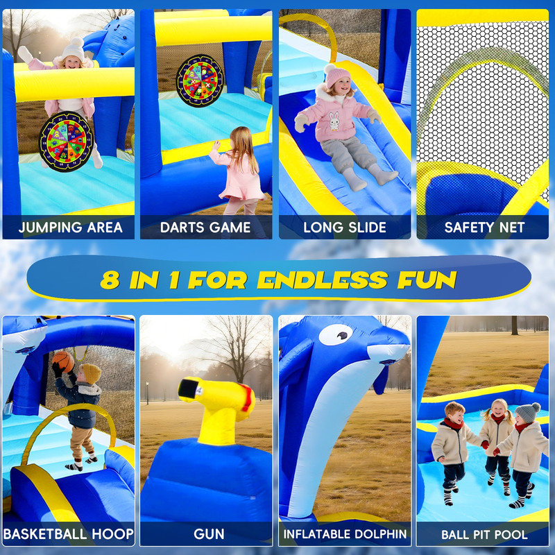 Jeu gonflable extérieur 8 en 1 et parc aquatique avec arroseur, pistolet à eau, panier de basketball et jeux de cible