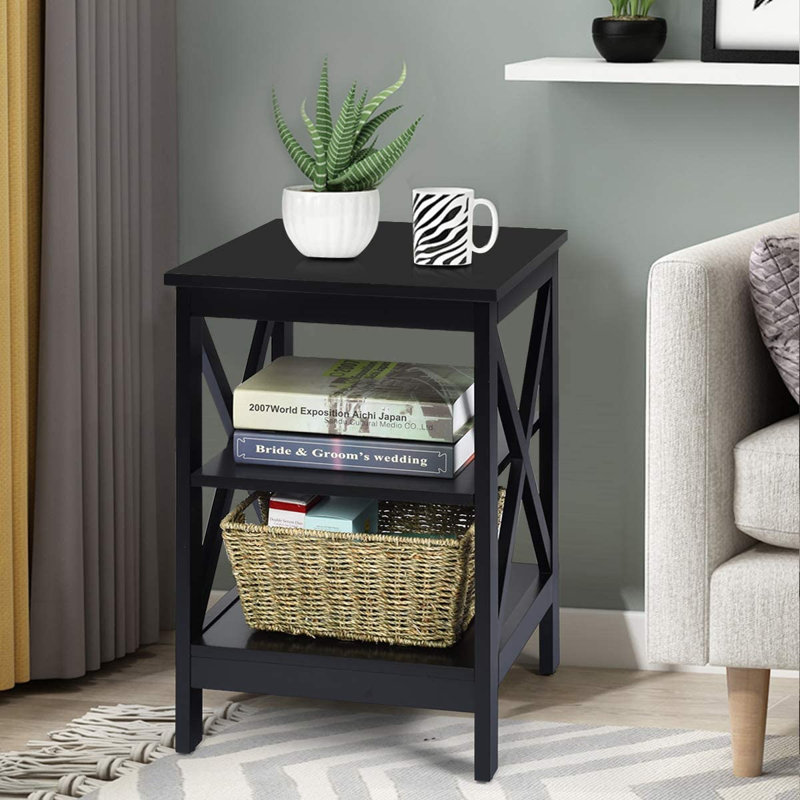 3-Tier X-Design Nightstands with Storage Shelves, Black