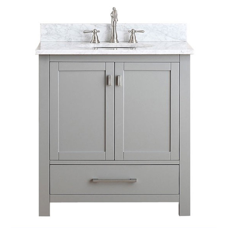 Modero 30" Single Bathroom Vanity with Top, Chilled Gray, Carrera White Marble, Brushed Nickel