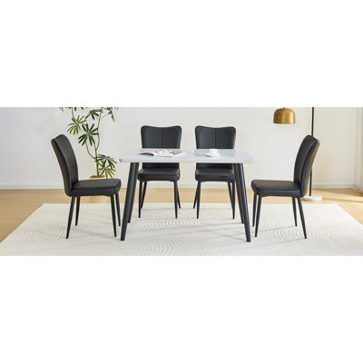 Table And Chair Set.Modern Rectangular Dining Table.White Tempered Glass Countertop+Lower MDF Board.Paired With 4 Black PU Chairs With A Vertical Stripe Design On The Backrest