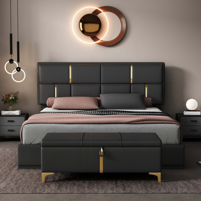 2-Pieces Bedroom Sets,Upholstered Platform Bed With Hydraulic Storage System,Storage Ottoman With Metal Legs