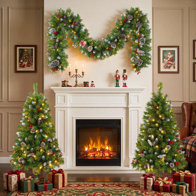 3-Piece Pre-Lit Christmas Entrance Tree and Garland Set, Polyvinyl Chloride, 1 Set, Christmas Entrance Tree Set, Green, Two four-foot trees and a nine-foot garland decorate an entryway