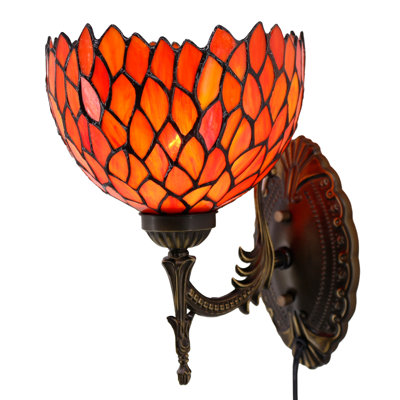 Tiffany Wall Sconce Lamp Plug in or Hardwire Wall Light with 8 Inch Stained Glass Red Wisteria Lampshade 8X10.5X11 Inch, Base Finished Antique Bronze, 6ft Cord with On/Off Switch