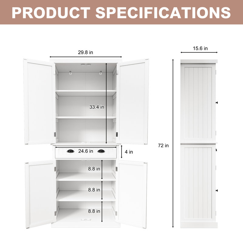 Garde-manger de 72 po avec tablettes réglables et grand tiroir, blanc, blanc