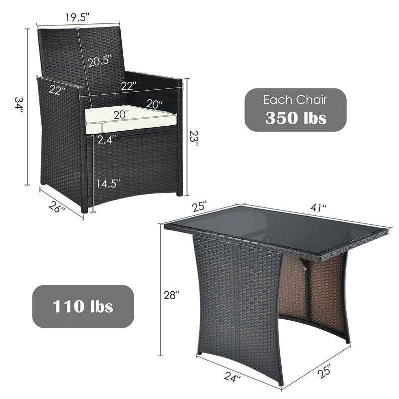 Ensemble bistro rectangulaire pour 2 personnes de 41 po de long avec coussins Altherr, Mélange de bruns, Blanc