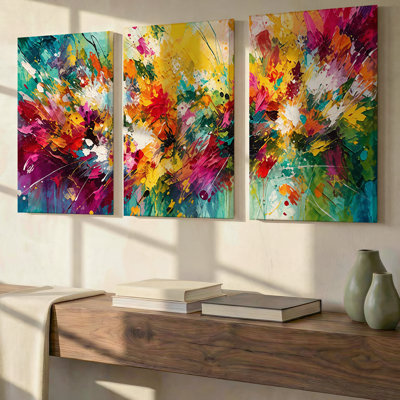 3 Pieces Exculisive Colorful Floral Impasto Abstract Large Wall Art Vibrant Panorama, Modern Canvas Decor for Living Room, Bedroom, Office and Home