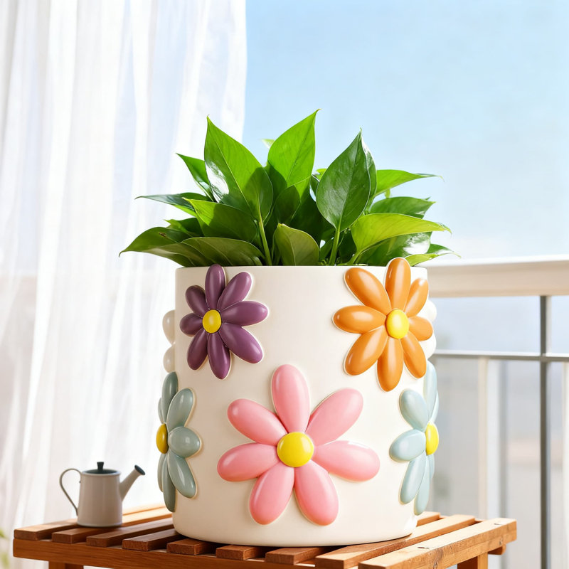 Jardinière décorative avec trou de drainage, pot de fleurs d'intérieur coloré à motif floral pour plantes grasses et plantes d'intérieur, décoration bohème moderne