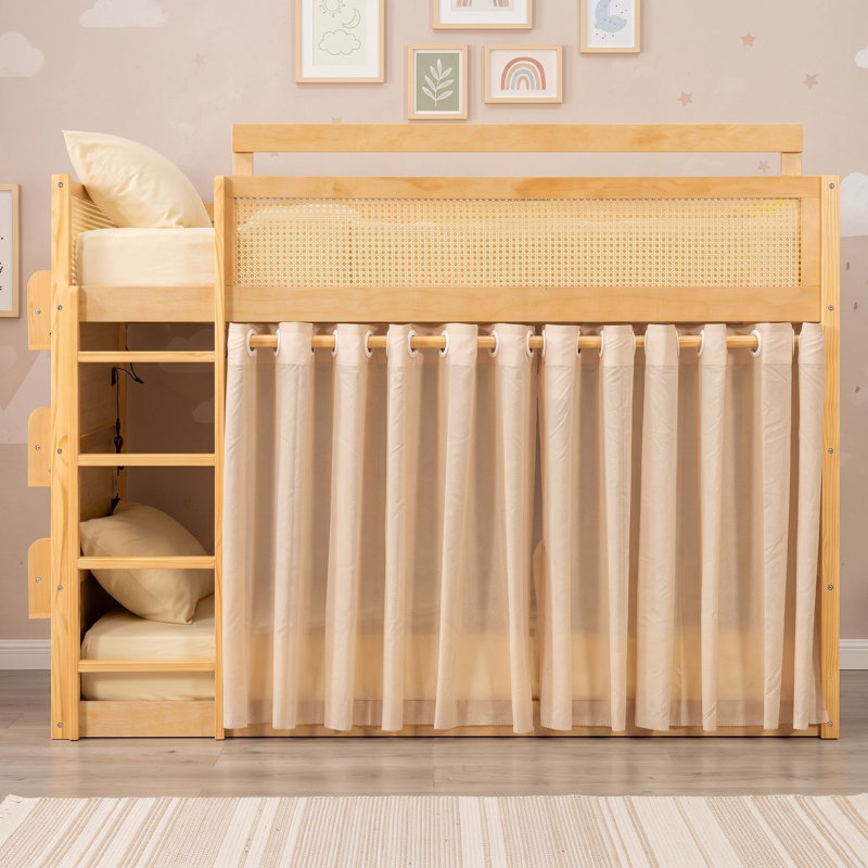 Lit superposé avec tablette de rangement, rideaux et guirlande lumineuse, Double sur double, Naturel