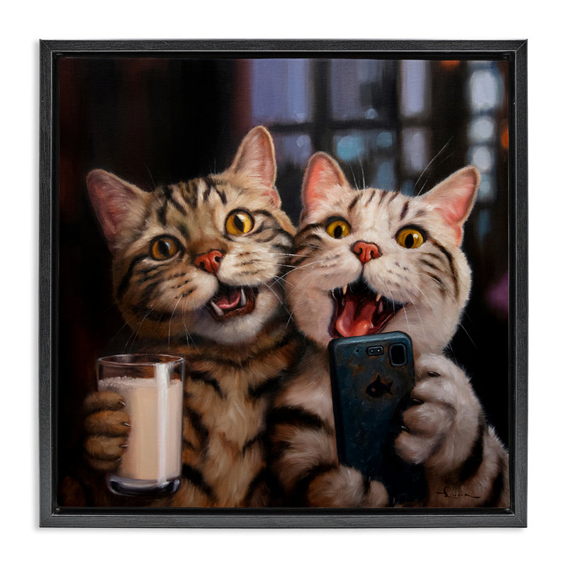 «Happy Selfie Cats», art mural encadré noir par Lucia Heffernan, Cadre flottant noir de jais, H 25 po x l 25 po