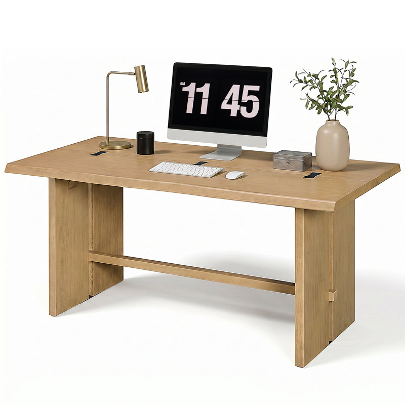  Bureau d'écriture pour bureau à domicile de 67 pouces, plateau en placage de bois massif, bureau d'ordinateur en bois stable avec accent noir, poste de travail facile à assembler pour le bureau et la chambre à coucher