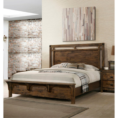 1Pc Rustic Industrial Style Panel Bed W Built In Bench Footboard Solid Wood Wooden Bedroom Furniture