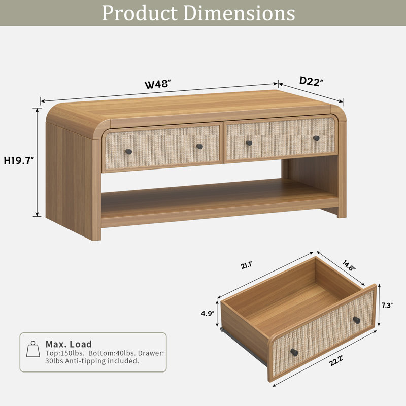 Table basse Choat 48 po avec tiroir en rotin Cevat, Bois jaune moyen/beige